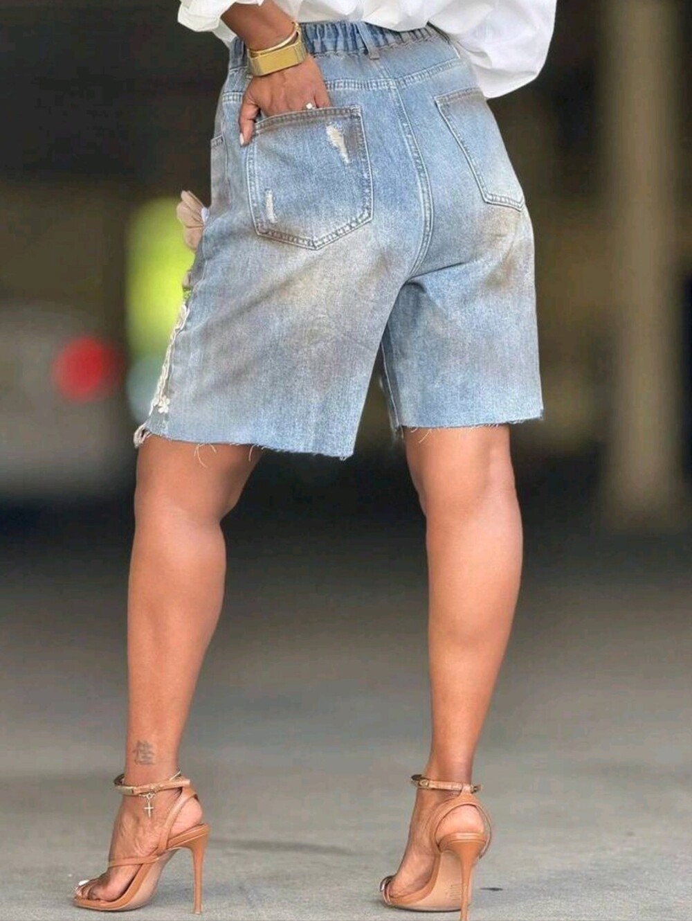 Women's Light Blue Denim Distressed Shorts - 3D Lace Flower - Picture 6 of 8